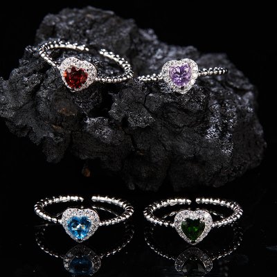 S925 Sterling Silver Natural Garnet, Topaz, Diopside, and Amethyst Gemstone Heart Ring S925 Sterling Silver Natural Garnet, Topaz, Diopside, and Amethyst Gemstone Heart Ring